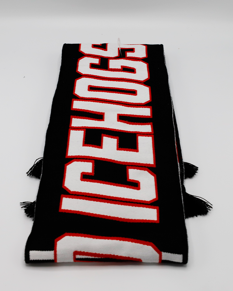 black Rockford IceHogs scarf with logos throughout - alt front lay flat