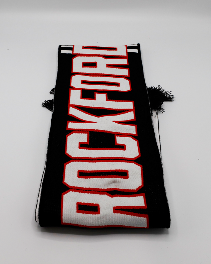 black Rockford IceHogs scarf with logos throughout - front lay flat