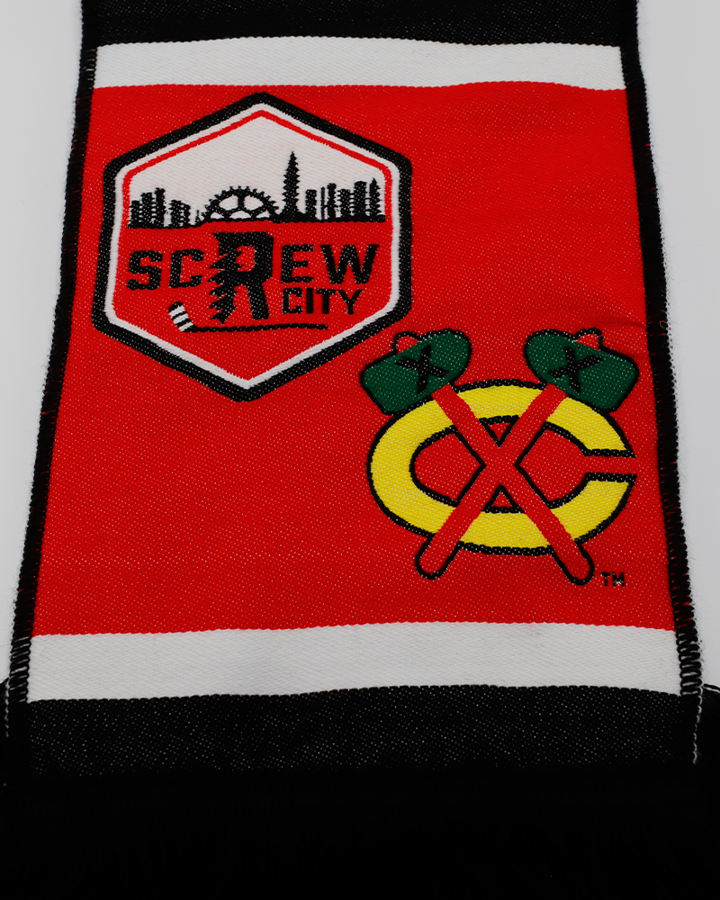 black Rockford IceHogs scarf with logos throughout - alt logo detail lay flat