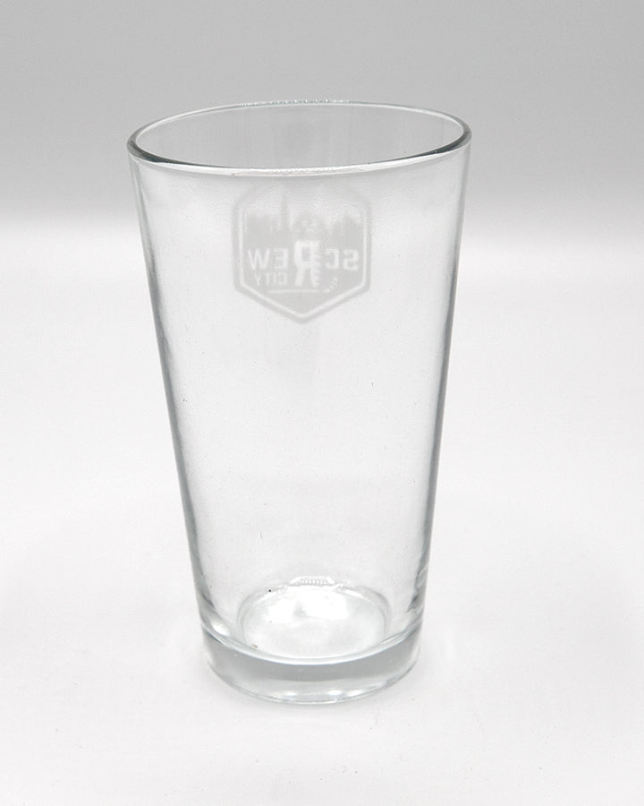 pint glass with Rockford IceHogs Screw City graphic on front - back lay flat