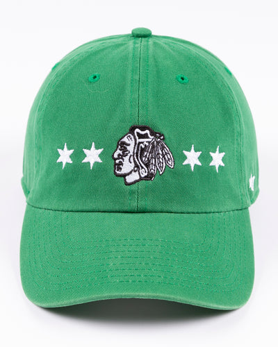 '47 brand green adjustable clean up cap with Chicago Blackhawks and four star design for St. Patrick's Day - front lay flat