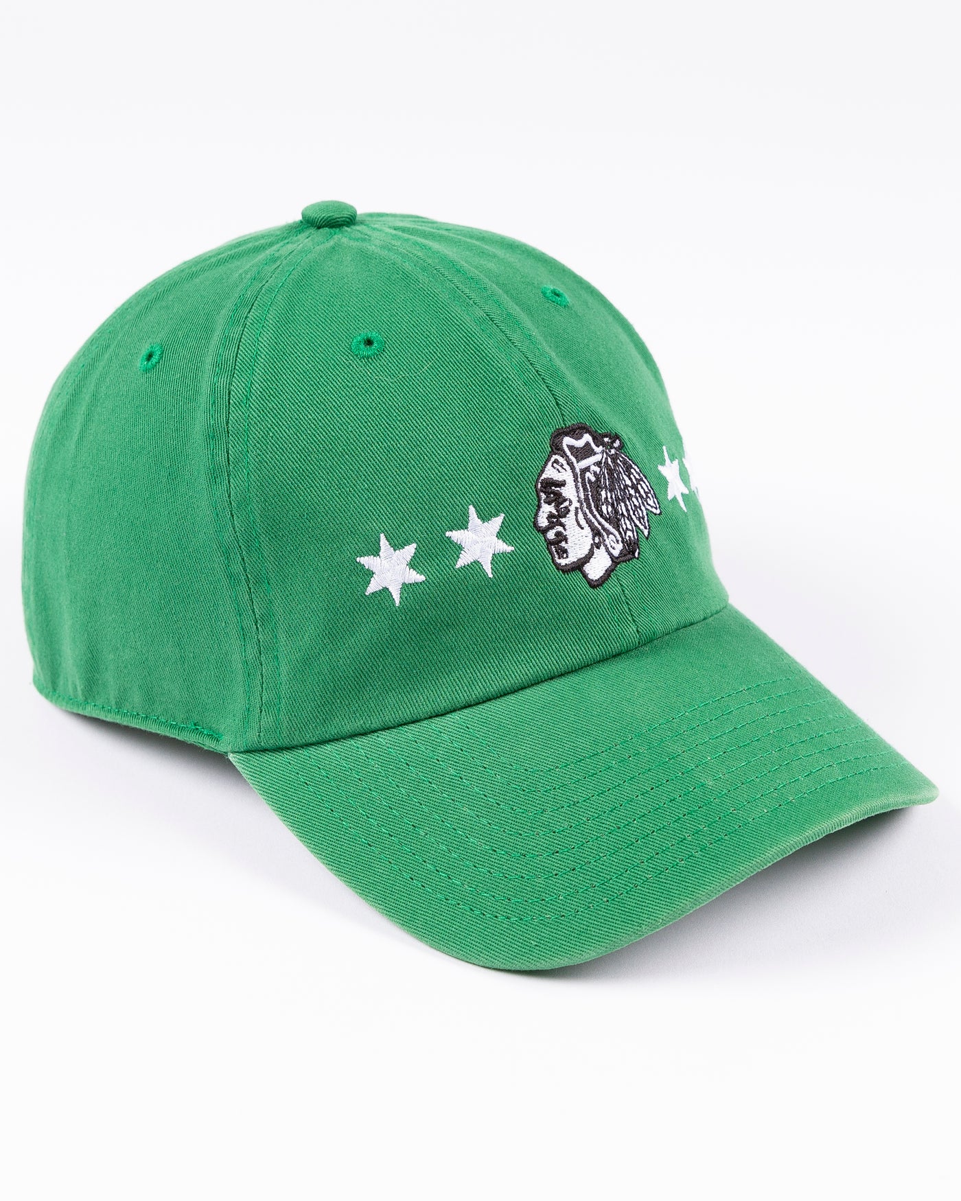 '47 brand green adjustable clean up cap with Chicago Blackhawks and four star design for St. Patrick's Day - right angled lay flat