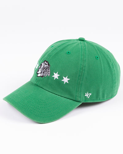 '47 brand green adjustable clean up cap with Chicago Blackhawks and four star design for St. Patrick's Day - left angled lay flat