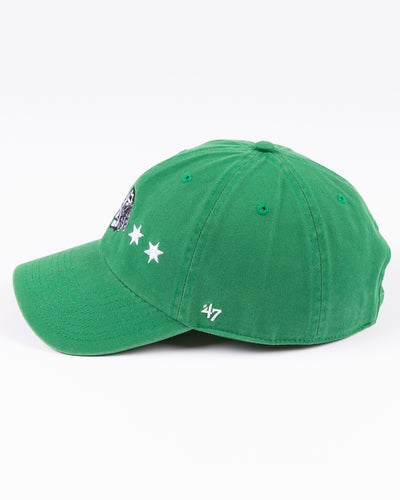 '47 brand green adjustable clean up cap with Chicago Blackhawks and four star design for St. Patrick's Day - left side lay flat