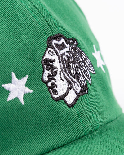 '47 brand green adjustable clean up cap with Chicago Blackhawks and four star design for St. Patrick's Day - detail lay flat