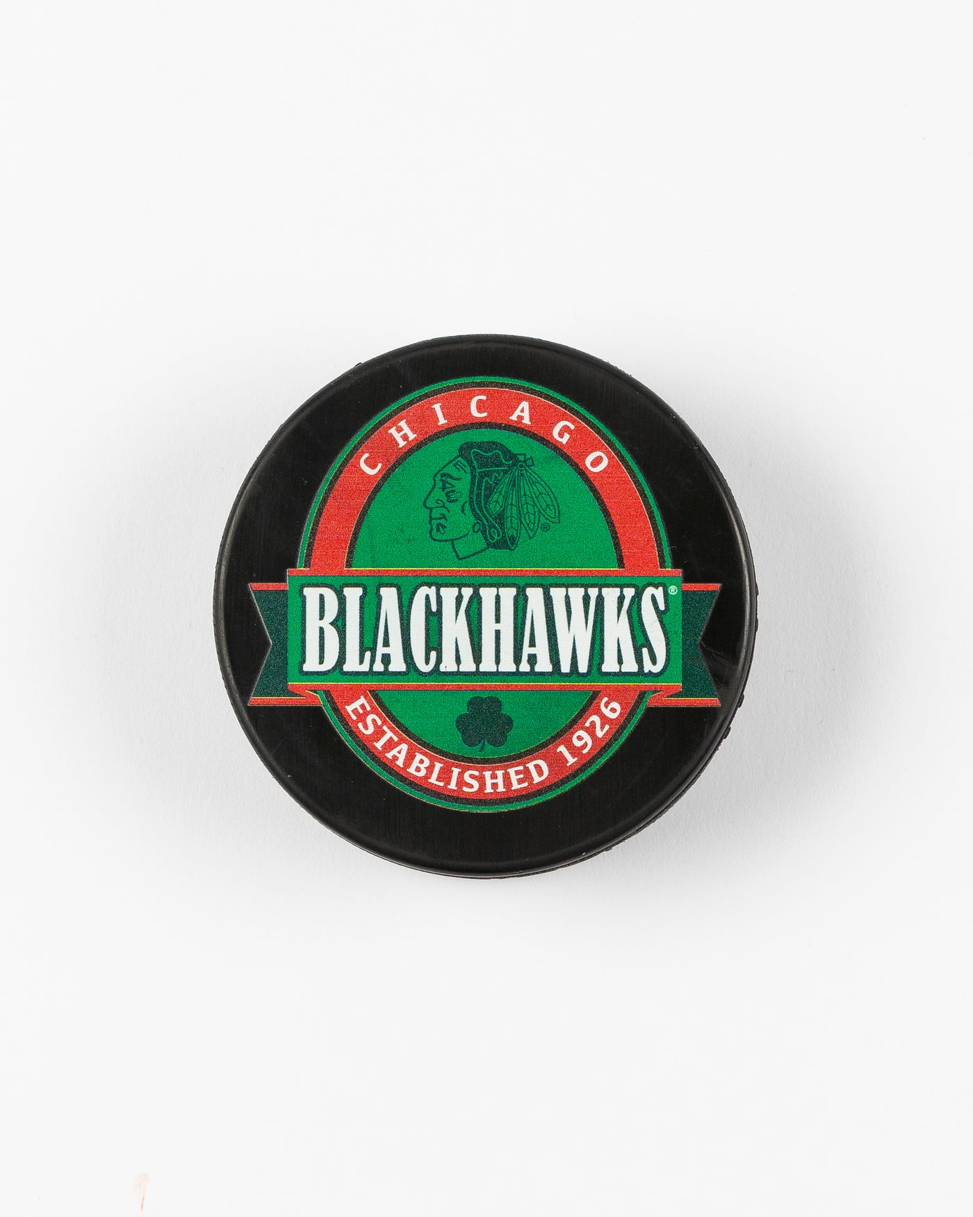 black green and red Chicago Blackhawks St. Patrick's Day puck - front lay flat