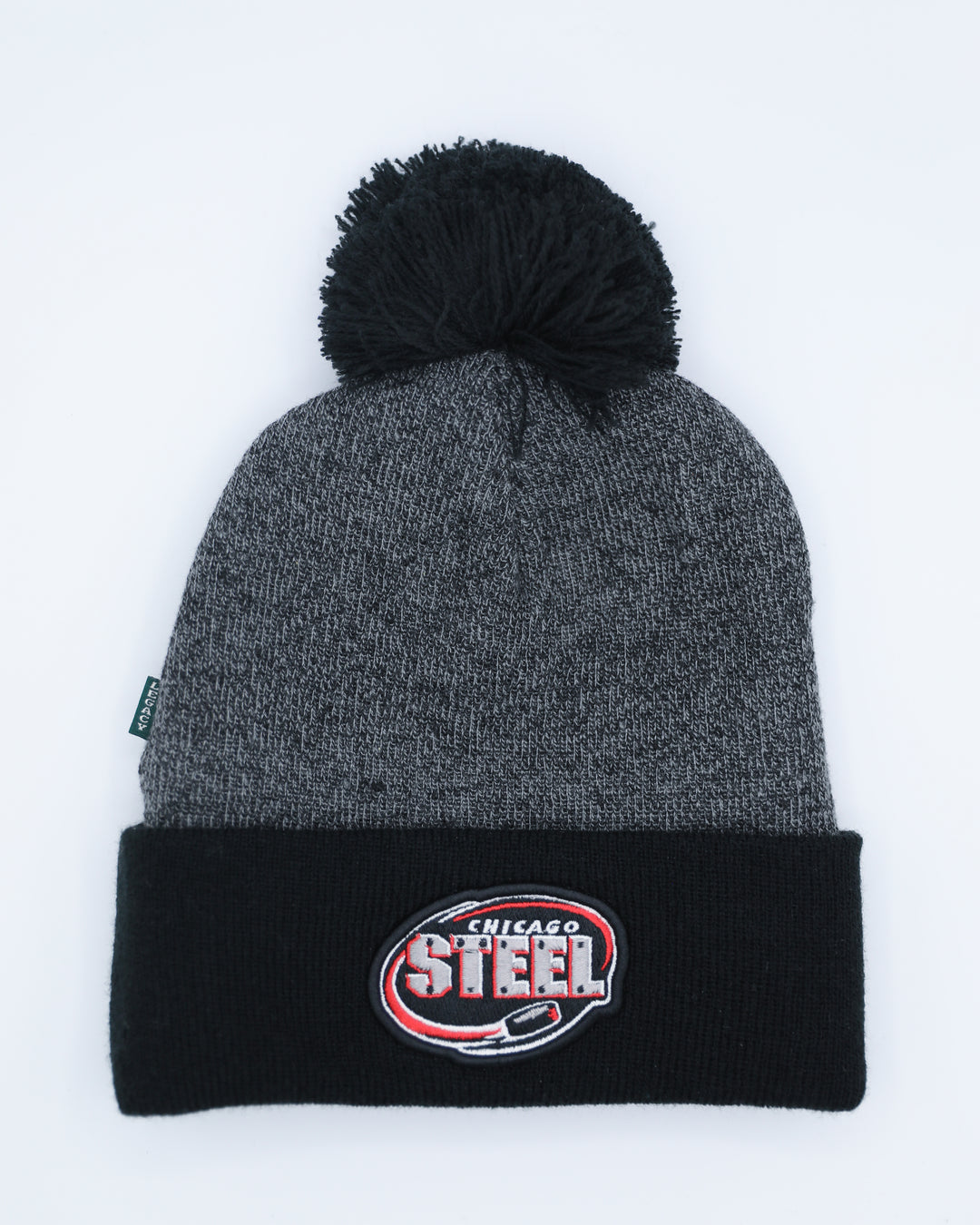 black Chicago Steel marled Legacy knit beanie with black cuff and black pom - front lay flat