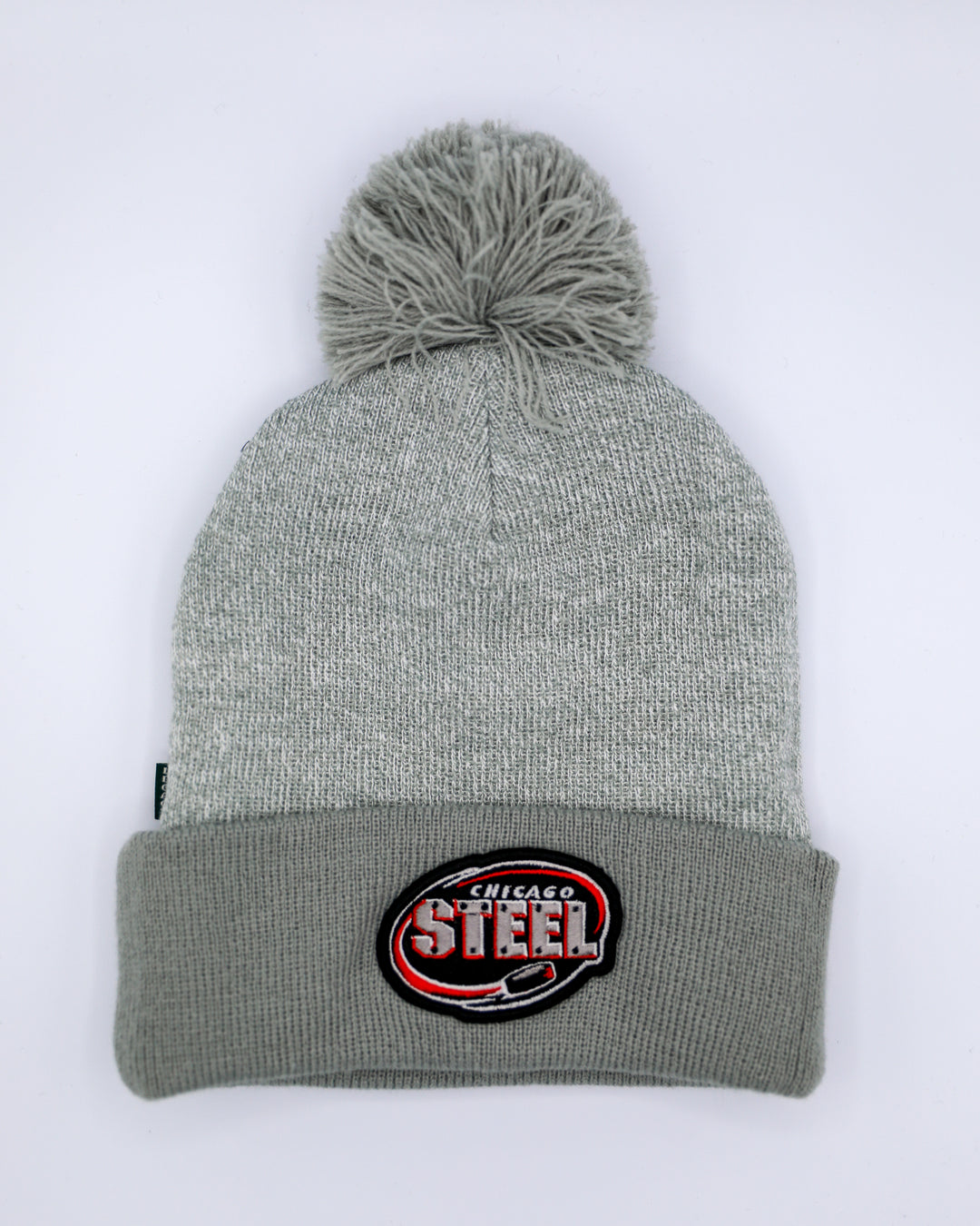 grey Chicago Steel marled Legacy knit beanie with grey cuff and grey pom - front lay flat