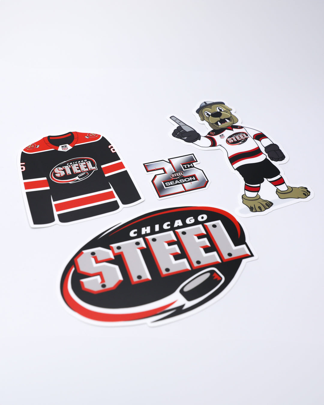 sticker pack of Chicago Steel jersey, 25th season graphic, classic logo and mascot - front angled lay flat