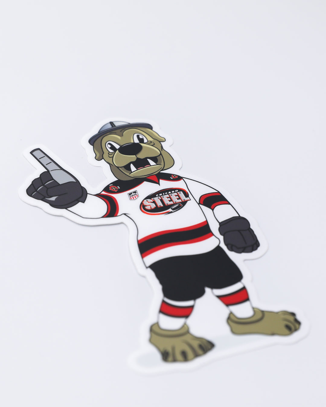 sticker pack of Chicago Steel jersey, 25th season graphic, classic logo and mascot - front angled lay flat of mascot