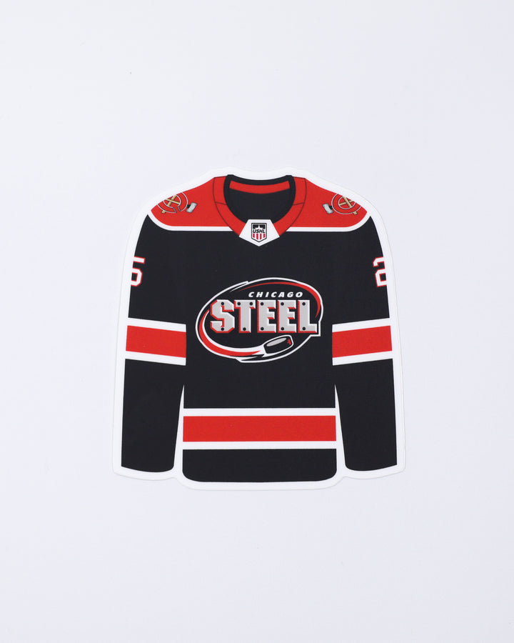 sticker pack of Chicago Steel jersey, 25th season graphic, classic logo and mascot - front lay flat of jersey