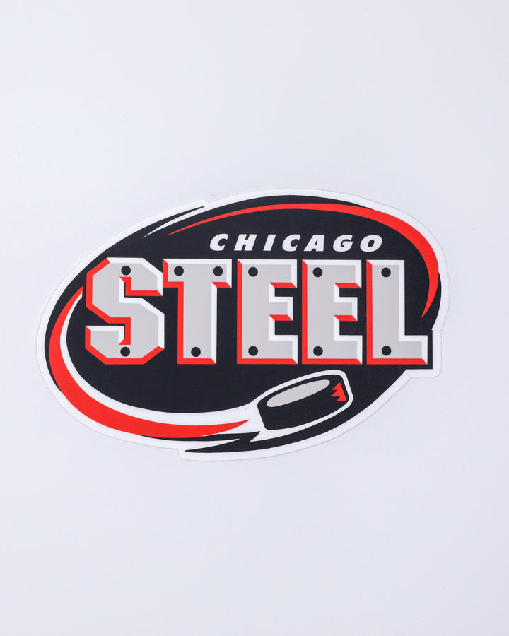 sticker pack of Chicago Steel jersey, 25th season graphic, classic logo and mascot - front lay flat of classic logo