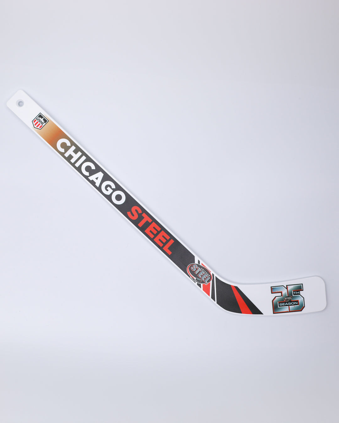 mini hockey stick with Chicago Steel branding and 25th season graphics - front lay flat