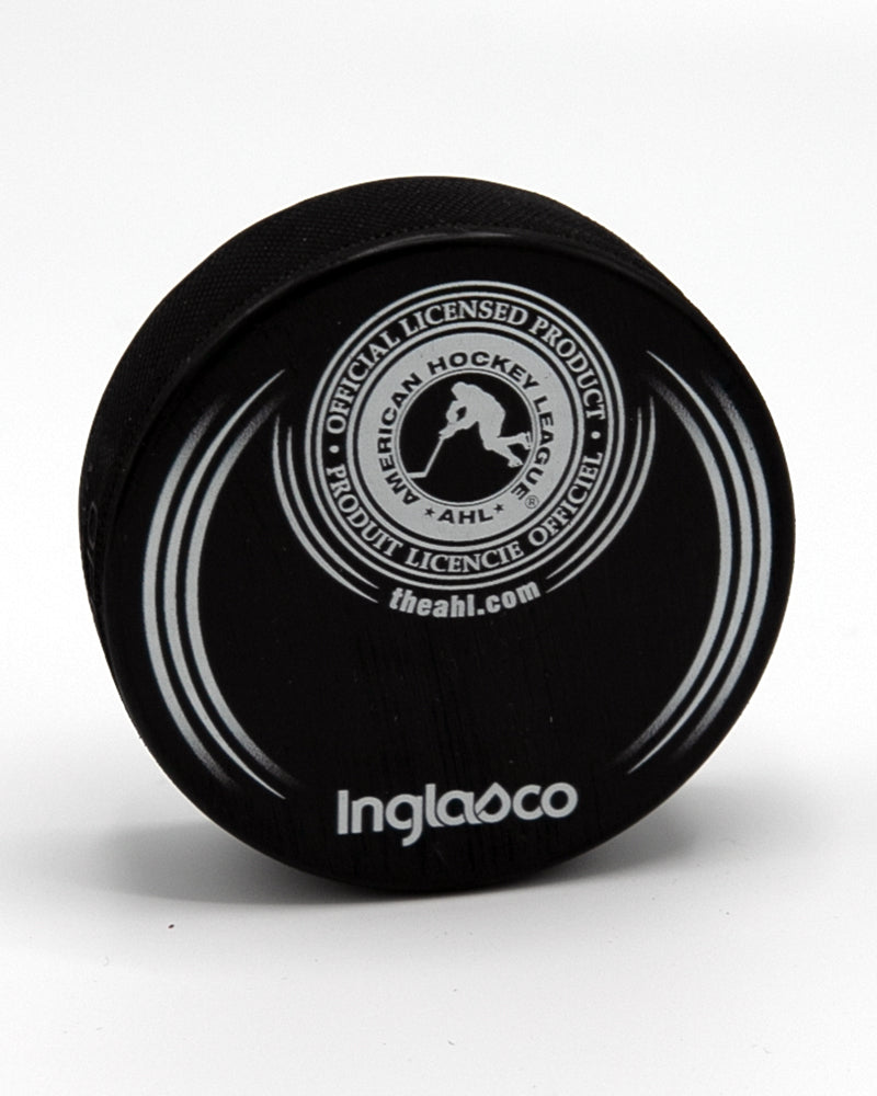 black repeating wordmark Rockford IceHogs puck with Hammy on front - back lay flat