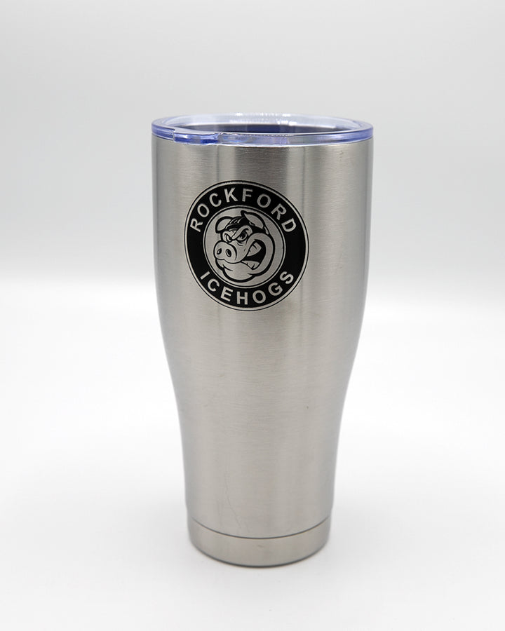 silver Rockford IceHogs tumbler with logo - front lay flat