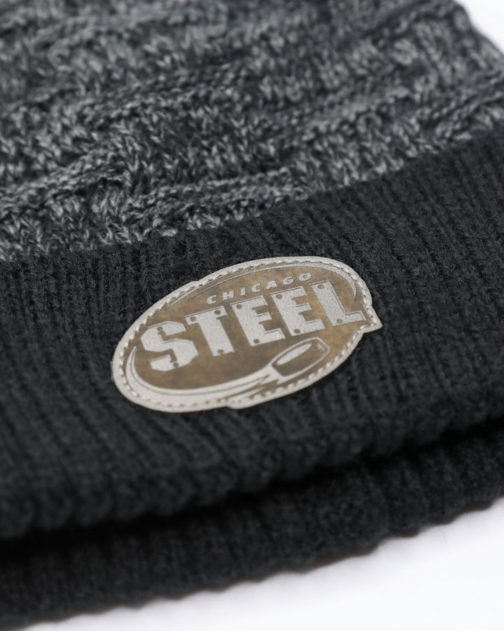 two-tone dark grey and black knit beanie with embroidered Chicago Steel logo on front cuff - front detail lay flat