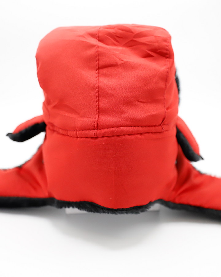 red and black Alpine winter hat with Rockford IceHogs Hammy logo on front furry cuff - back lay flat