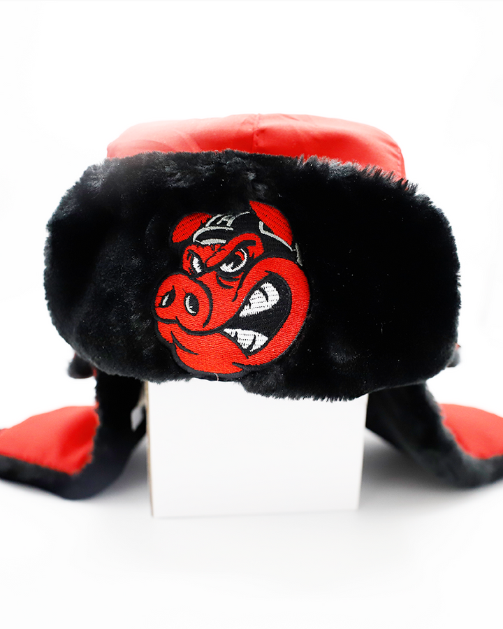 red and black Alpine winter hat with Rockford IceHogs Hammy logo on front furry cuff - front lay flat