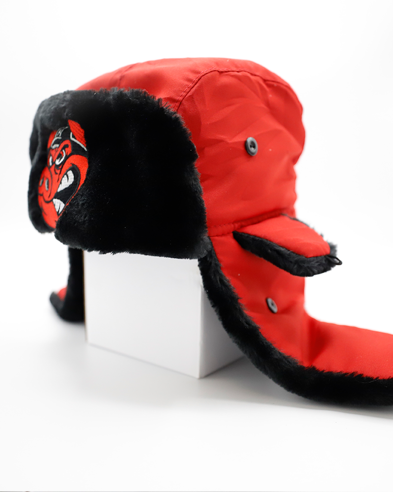 red and black Alpine winter hat with Rockford IceHogs Hammy logo on front furry cuff - left angle lay flat