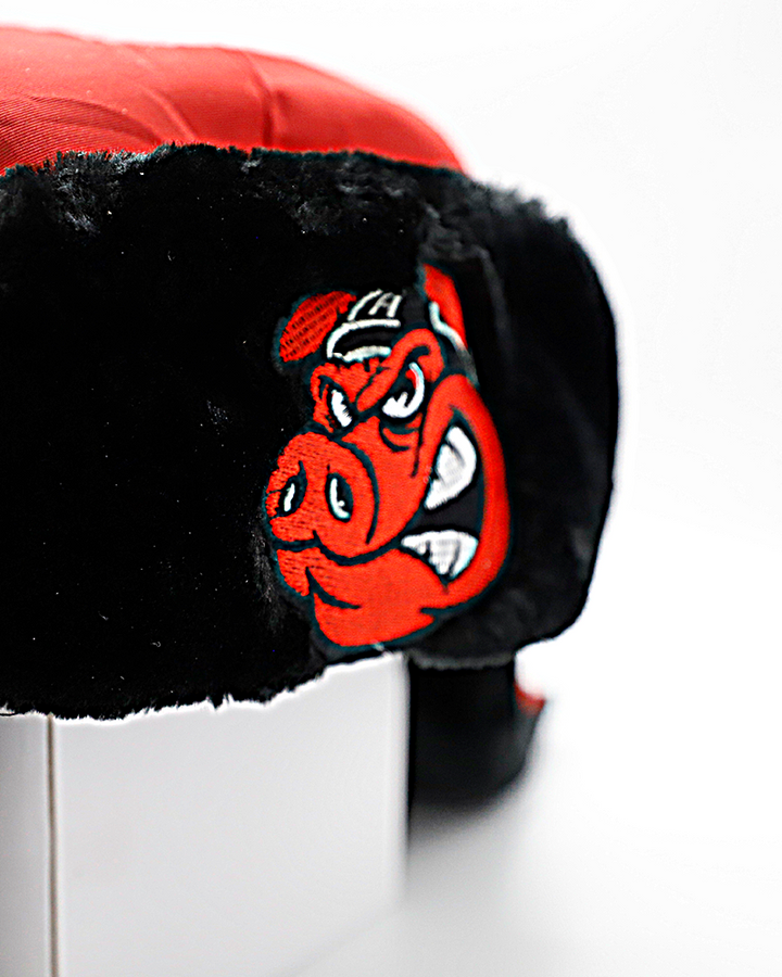 red and black Alpine winter hat with Rockford IceHogs Hammy logo on front furry cuff - front detail lay flat