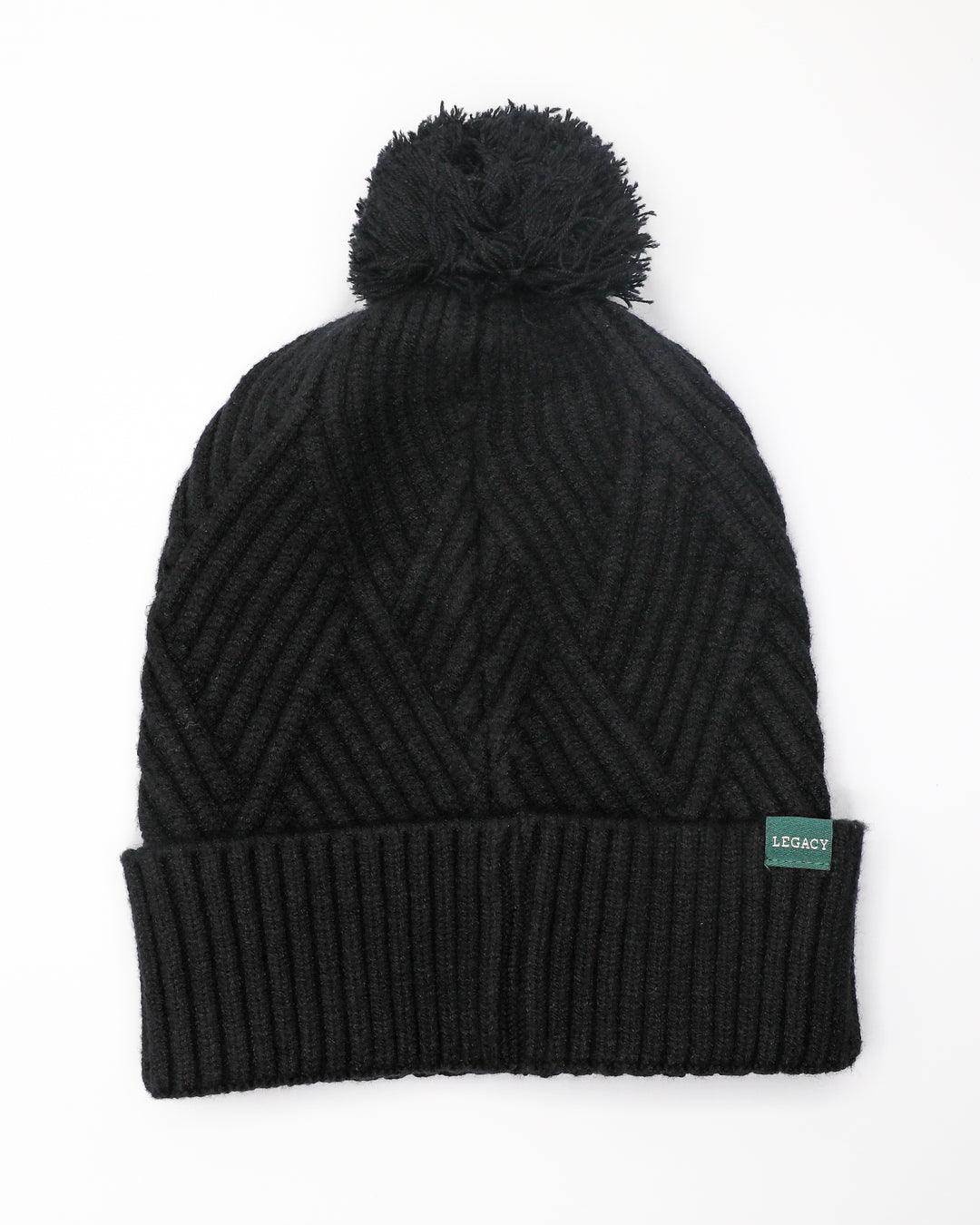 black cross-hatch knit pom beanie with small Chicago Steel tag on cuff - back lay flat