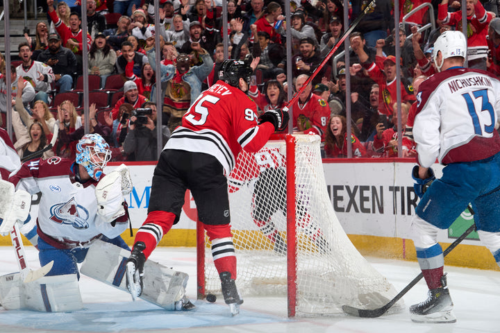 Chicago Blackhawks player Ilya Mikheyev scoring goal against Colorado Avalanche on 4/2/25