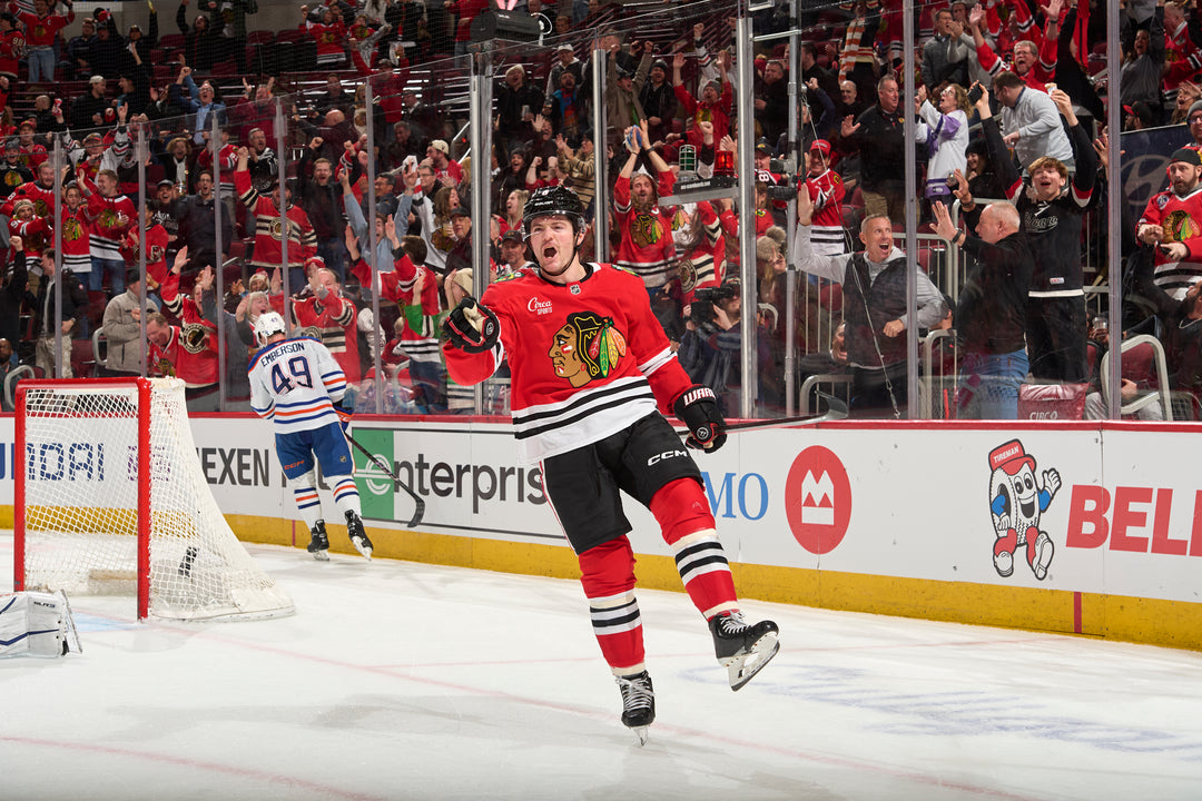 Chicago Blackhawks player Ryan Donato celebrating goal scored against Edmonton Oilers on February 5, 2025 