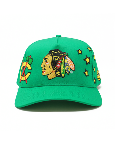 green DISHIN hat with Chicago Blackhawks embroidered details - front lay flat