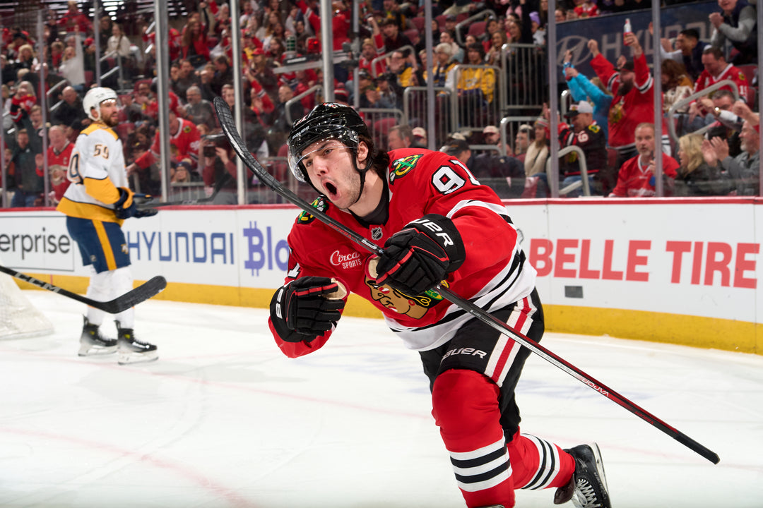 Chicago Blackhawks player Frank Nazar celebrating goal scored against Nashville Predators on February 7, 2025