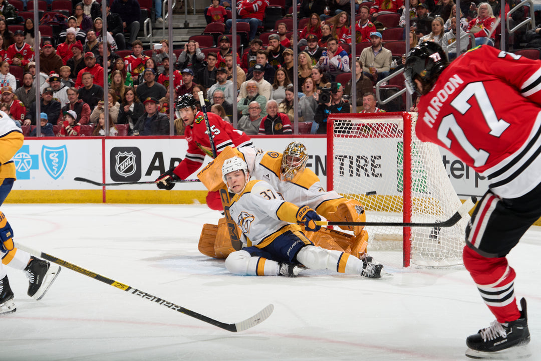 Chicago Blackhawks player Pat Maroon scoring goal against the Nashville Predators on February 7, 2025