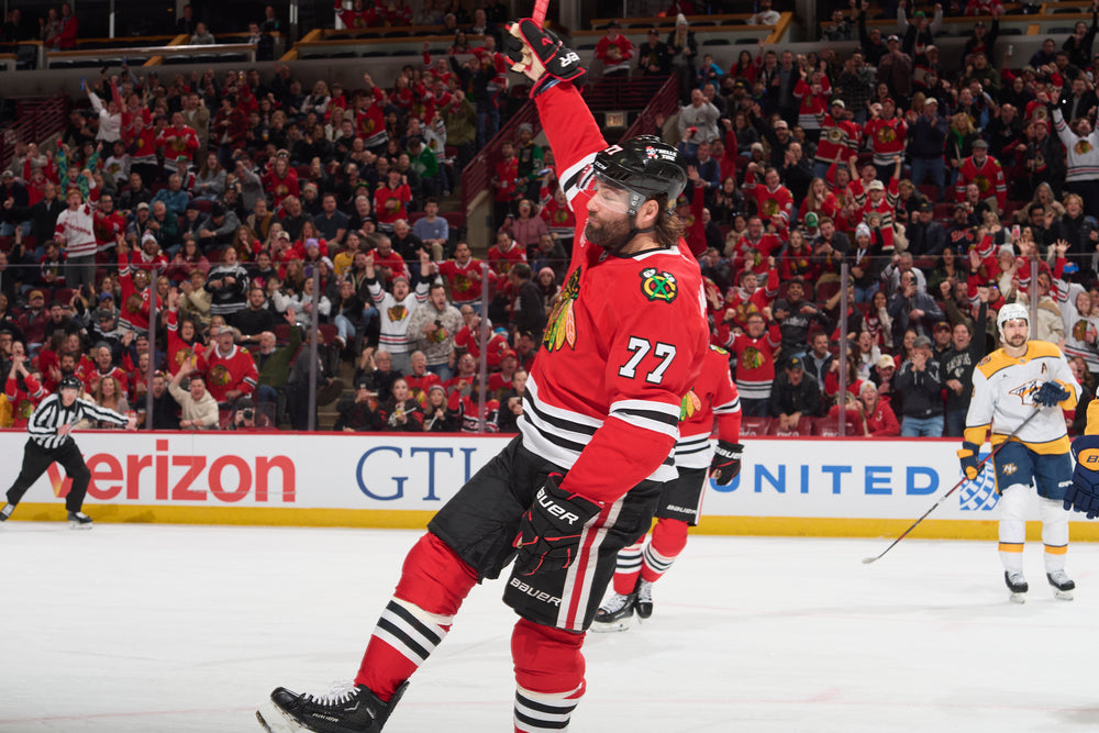 Chicago Blackhawks player Pat Maroon celebrating goal against the Nashville Predators on February 7, 2025