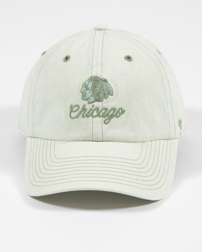 light green '47 brand adjustable cap with tonal Chicago Blackhawks primary logo and Chicago wordmark across front - front lay flat