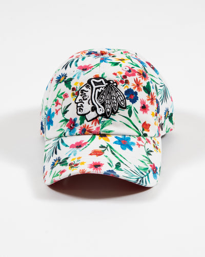 floral '47 brand adjustable cap with Chicago Blackhawks tonal black and white primary logo on front - front lay flat