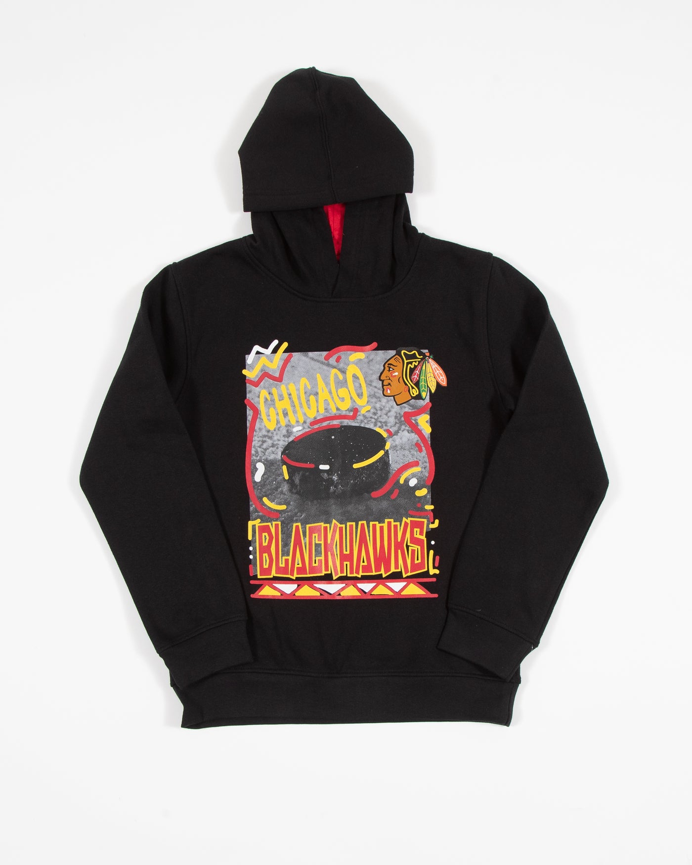 outerstuff youth hoodie with Chicago Blackhawks puck and logo graphic on front - front lay flat