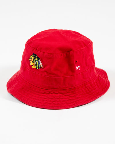 red '47 bucket hat with Chicago Blackhawks primary logo embroidered on front - left side lay flat