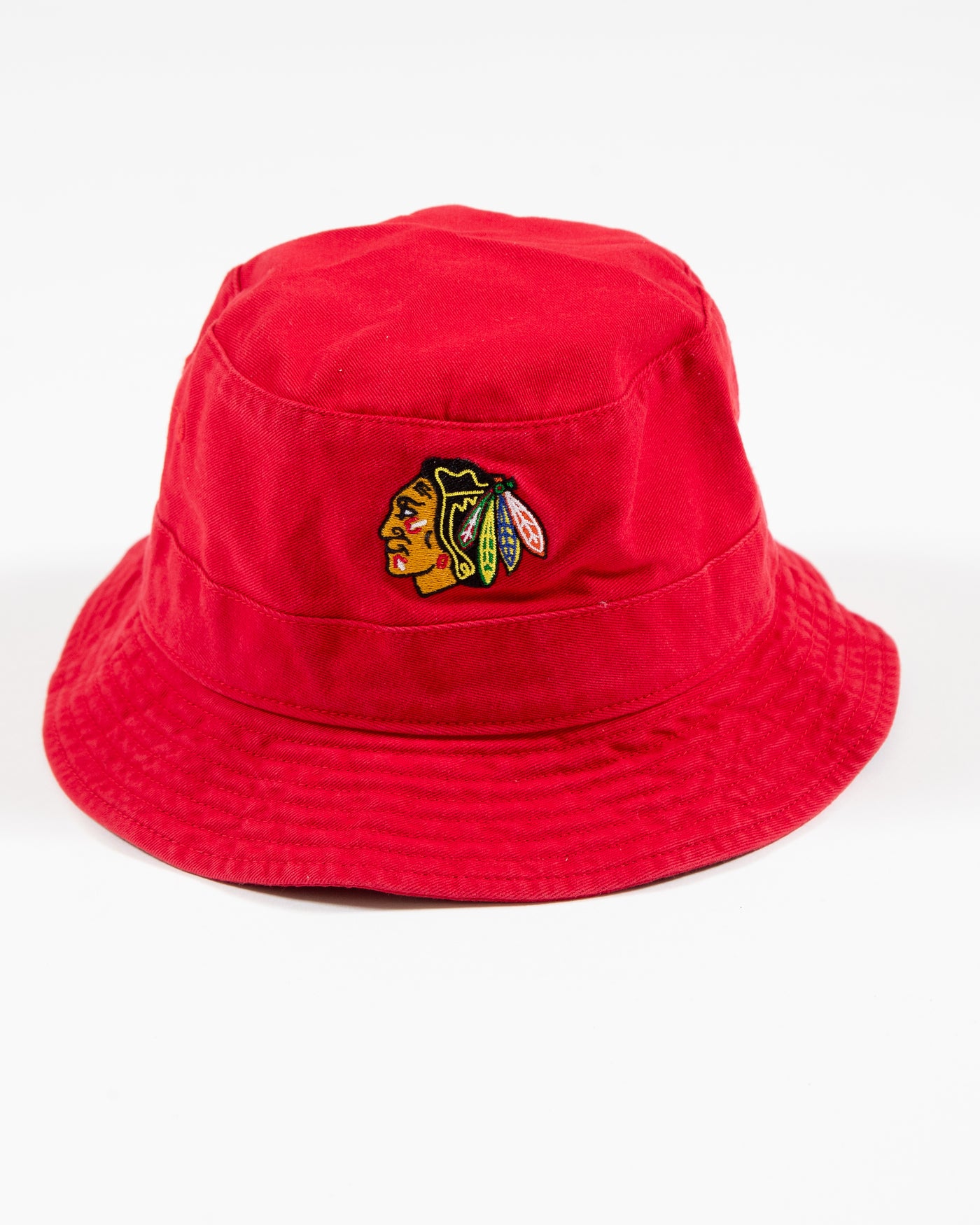 red '47 bucket hat with Chicago Blackhawks primary logo embroidered on front - front lay flat