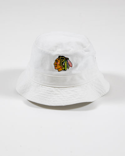 white '47 brand bucket hat with Chicago Blackhawks primary logo embroidered on front - front lay flat