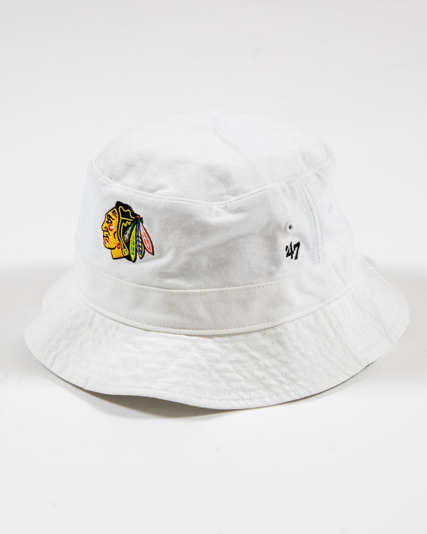 white '47 brand bucket hat with Chicago Blackhawks primary logo embroidered on front - left side lay flat