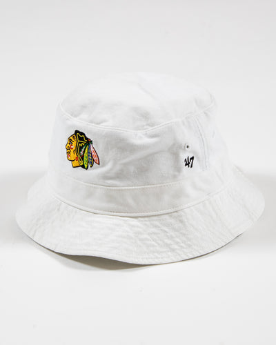 white '47 brand bucket hat with Chicago Blackhawks primary logo embroidered on front - left side lay flat