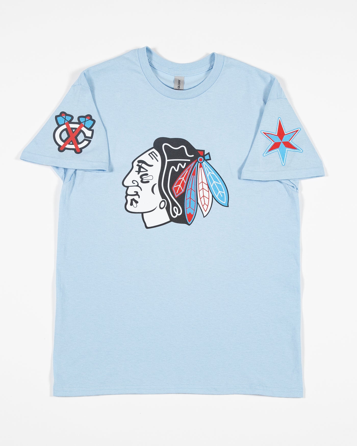 light blue tee with tonal Chicago Blackhawks primary logo across chest, tonal secondary logo on right shoulder and star graphic on left shoulder - front lay flat