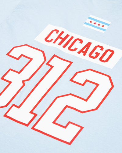 light blue tee with tonal Chicago Blackhawks primary logo across chest, tonal secondary logo on right shoulder and star graphic on left shoulder - Chicago flag and Chicago 312 back detail image