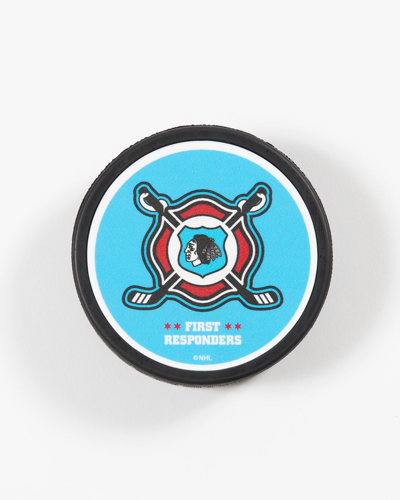 Chicago Blackhawks First Responders 23 black puck with logo detailing - birds eye view