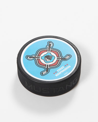 Chicago Blackhawks First Responders 23 black puck with logo detailing - side view