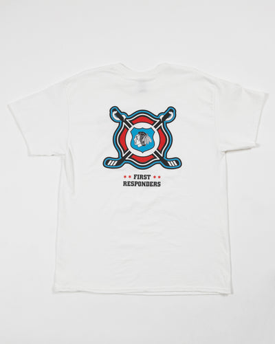 Chicago Blackhawks First Responders 23 white tee with logo detailing across chest - front view