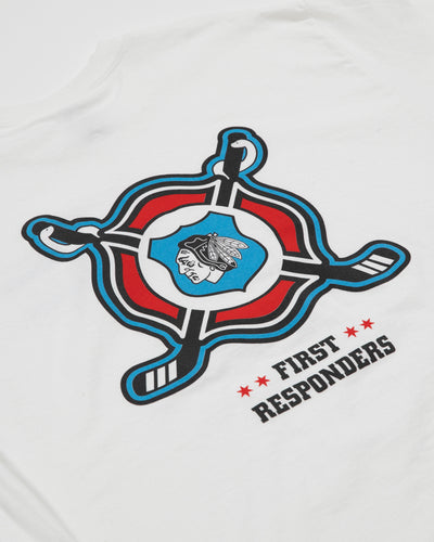 Chicago Blackhawks First Responders 23 white tee with logo detailing across chest - detail view