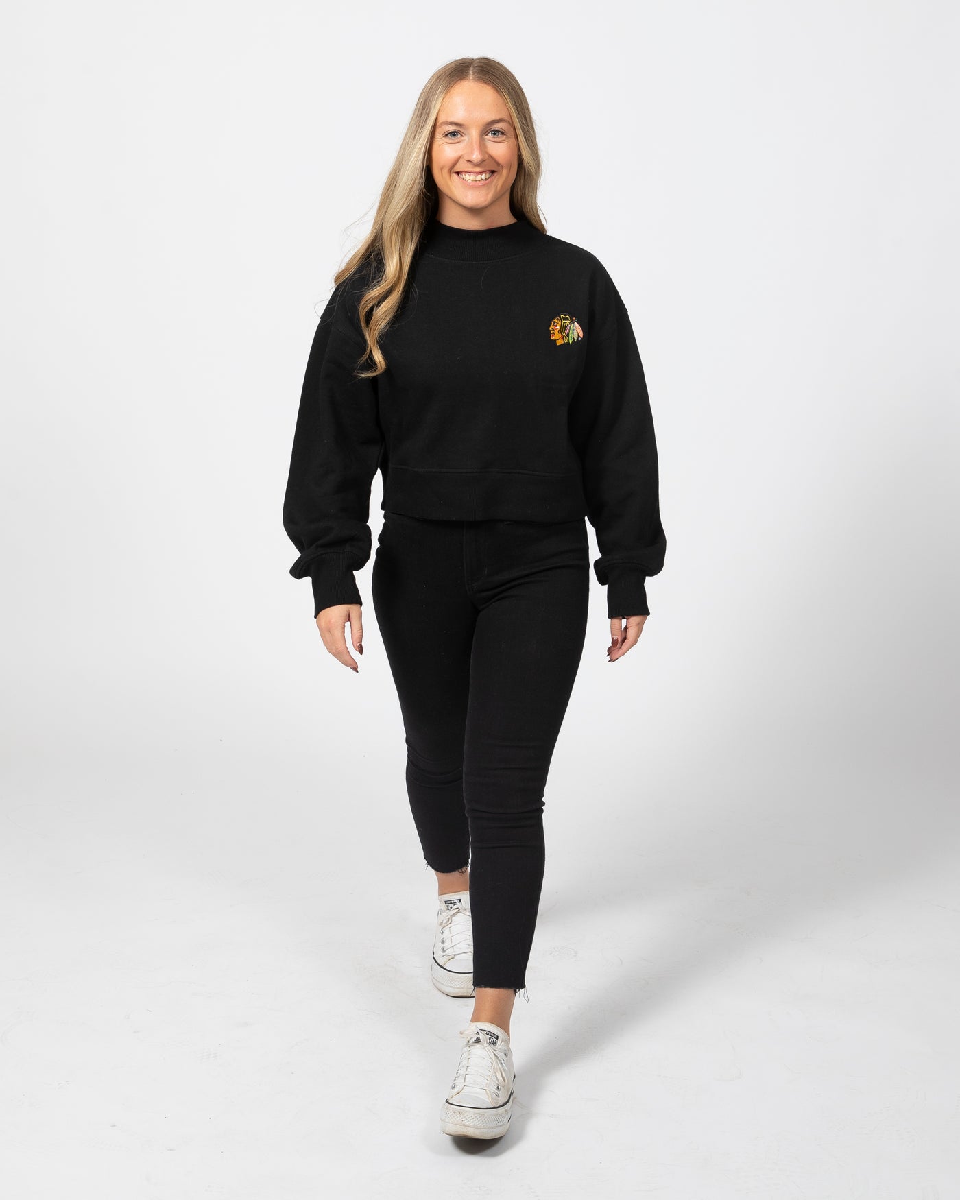 chicka-d black Chicago Blackhawks mock neck sweater with primary logo on left chest - front view