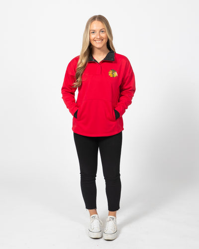 Colosseum women's red Chicago Blackhawks pullover with snap closure - alt front view
