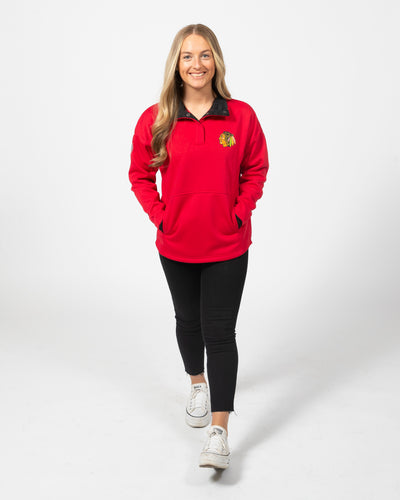 Colosseum women's red Chicago Blackhawks pullover with snap closure - front view