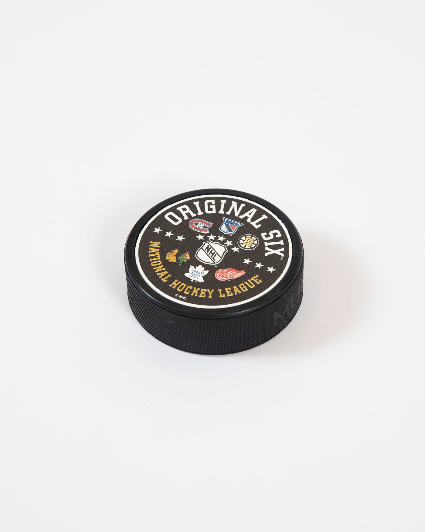 Mustang black puck with Original Six and NHL wordmark with all six team logos - lay flat