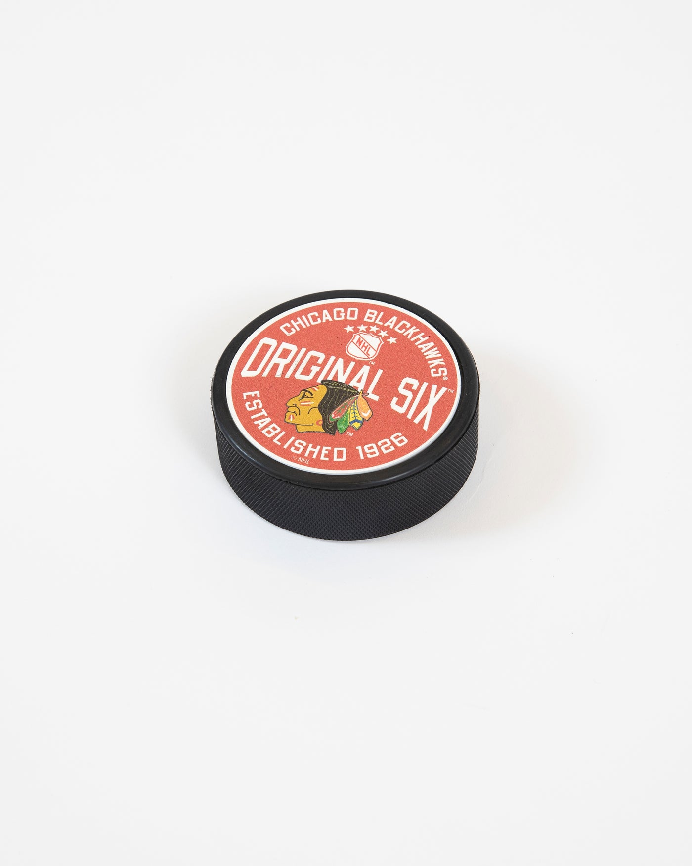 Mustang Original Six wordmark with primary logo on red background puck - lay flat
